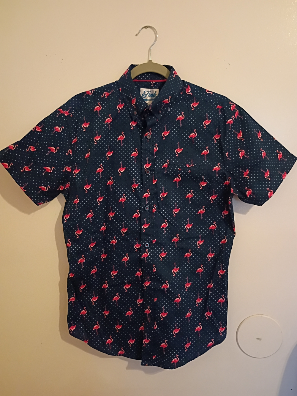 Men's Navy Short-Sleeve Button-Down Shirt‎ with Pink Flamingo Print Sz M